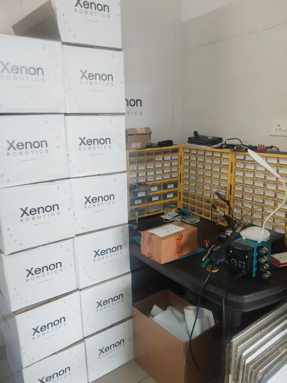 Component storage and electronics workbench at Xenon Robotics